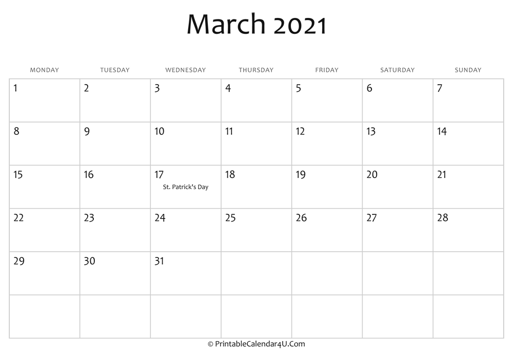 March 2021 Editable Calendar With Holidays March To December 2021 Calendar