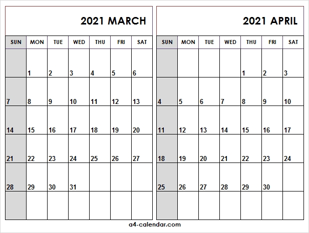 March April 2021 Calendar A4 - A4 Calendar April - September 2021 Calendar
