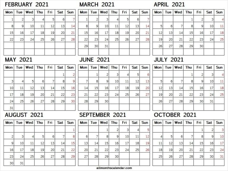 Monday Start Calendar Feb To Oct 2021 | Pinterest | Tumblr | Reddit October 2021 Calendar Starting Monday