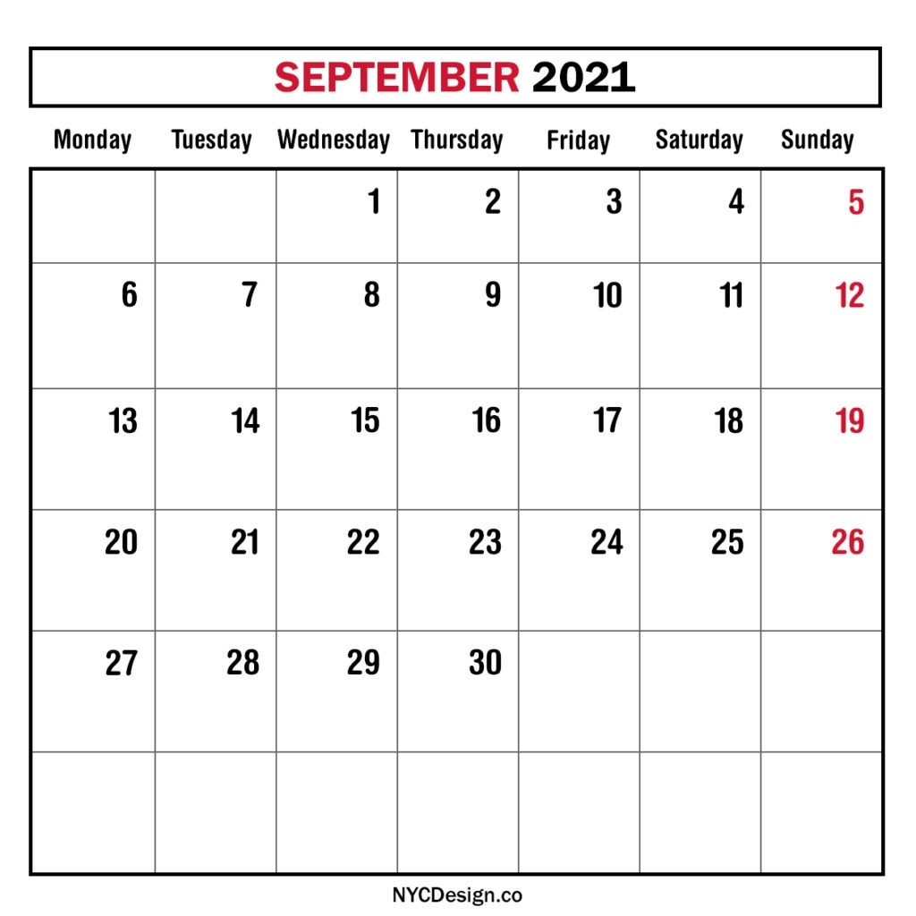 Monthly Calendar September 2021, Monthly Planner, Printable Free - Monday Start - Nycdesign.co 2021 Calendar September Month