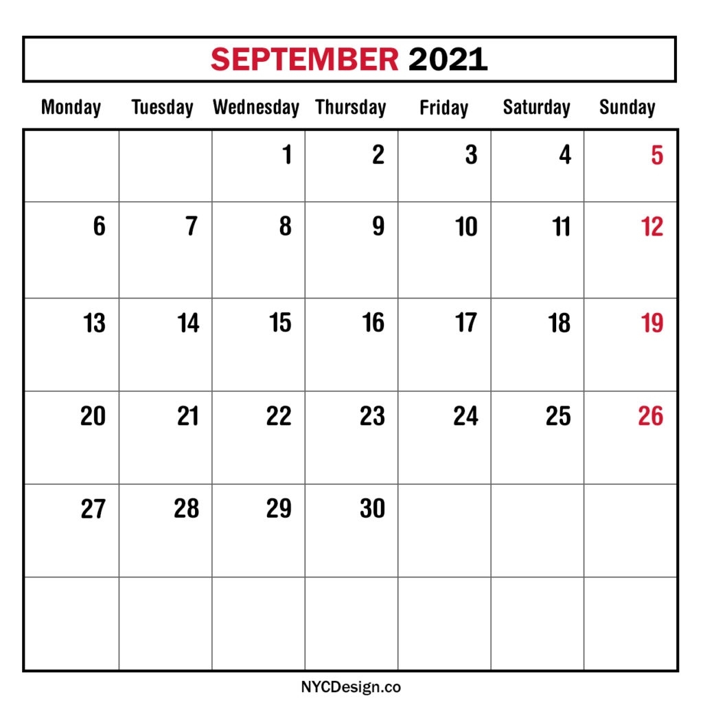 Monthly Calendar September 2021, Monthly Planner, Printable Free - Monday Start - Nycdesign.co Sept 2020 To July 2021 Calendar
