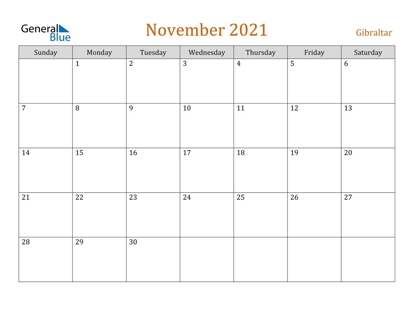 November 2021 Calendar - Gibraltar Calendar Month Of November 2021