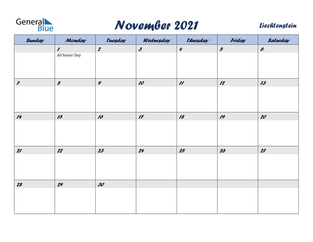 November 2021 Calendar - Liechtenstein Calendar For November And December 2021