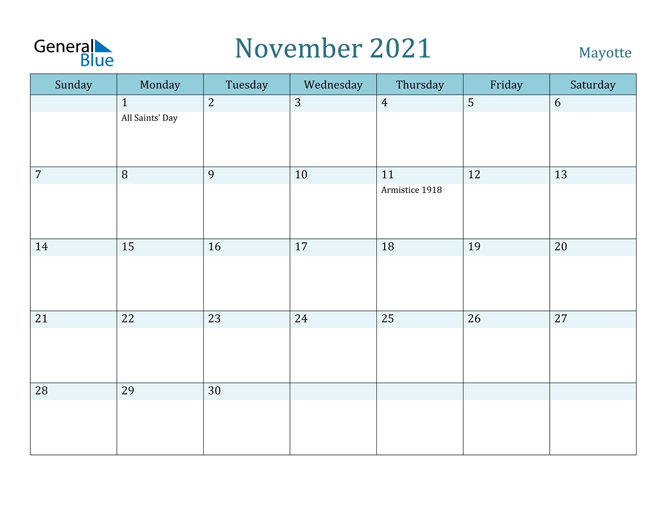 November 2021 Calendar - Mayotte Calendar Month Of November 2021