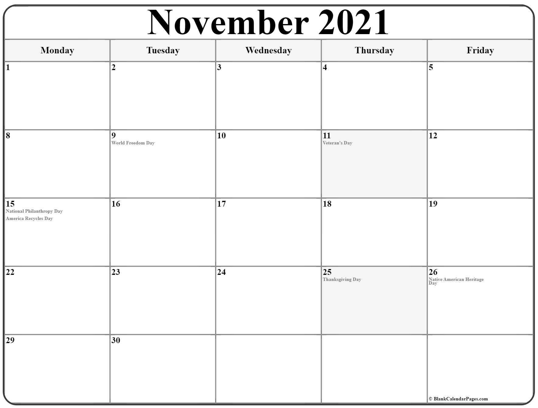 November 2021 Monday Calendar | Monday To Sunday Calendar Month Of November 2021