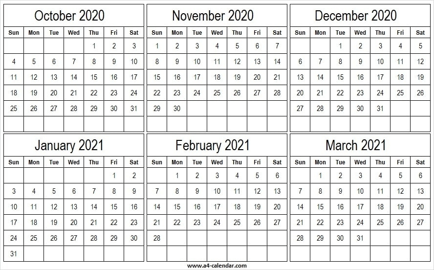 October 2020 To March 2021 Calendar A4 Size - Tumblr Calendar From October 2020 To March 2021