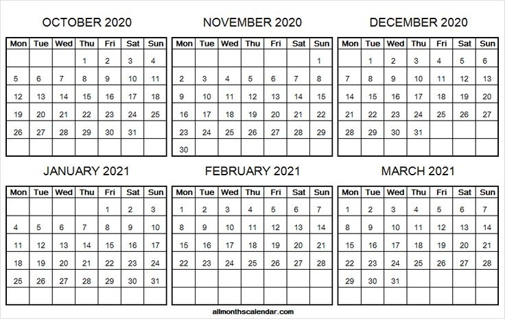 October 2020 To March 2021 Calendar Printable - Six Month Calendar | Calendar Printables, 2021 Calendar From October 2020 To March 2021