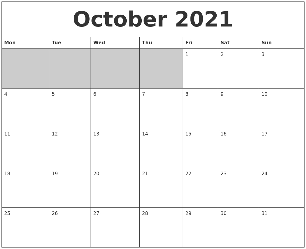 October 2021 Blank Printable Calendar October 2021 Calendar Starting Monday