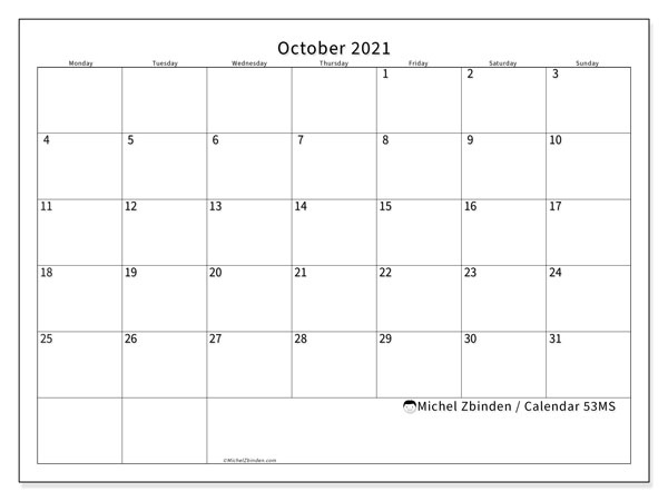 October 2021 Calendars &quot;Monday - Sunday&quot; - Michel Zbinden En October 2021 Calendar Starting Monday