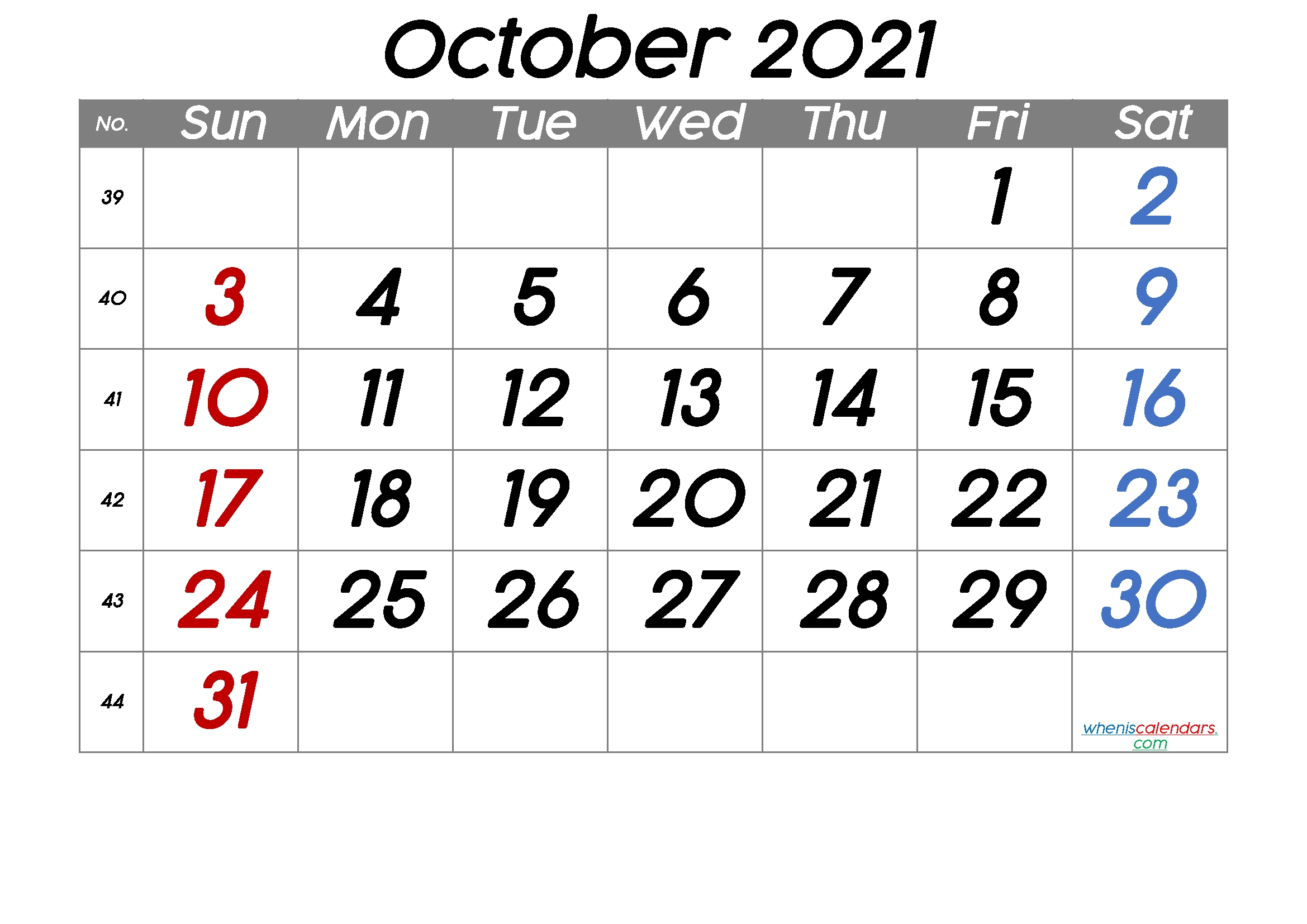 October 2021 Printable Calendar With Week Numbers [Free Premium] - Free Printable 2020 Monthly Calendar From October 2020 To March 2021