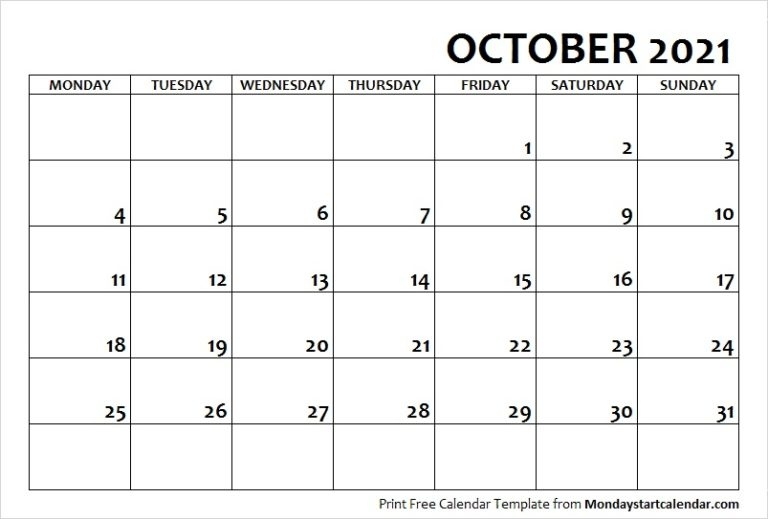 October Calendar Archives - Page 7 Of 7 - Monday Start Calendar October 2021 Calendar Starting Monday