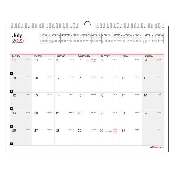 Office Depot Monthly Academic Wall Calendar, 8-1/2&quot; X 11&quot;, 30% Recycled, July 2020 To June 2021 One Page Calendar July 2020 To June 2021