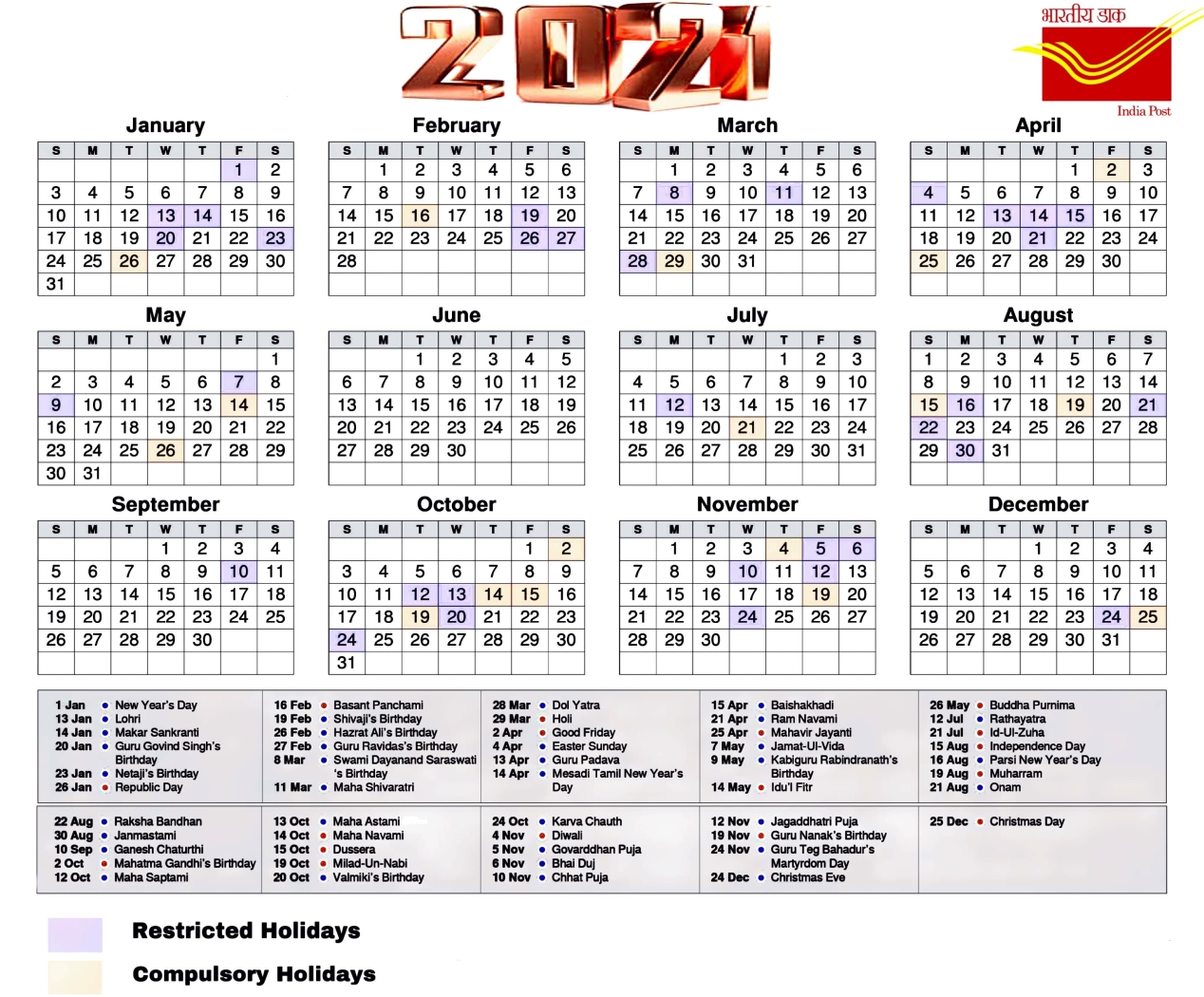 Postal Calendar 2021 - Update Restricted And Compulsory Holiday | Po Tools December 2021 Calendar With Holidays India