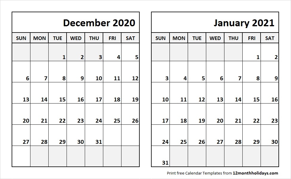 Print December 2020 January 2021 Calendar Template | 2 Month Calendar In 2020 | Calendar December 2020 Through March 2021 Calendar