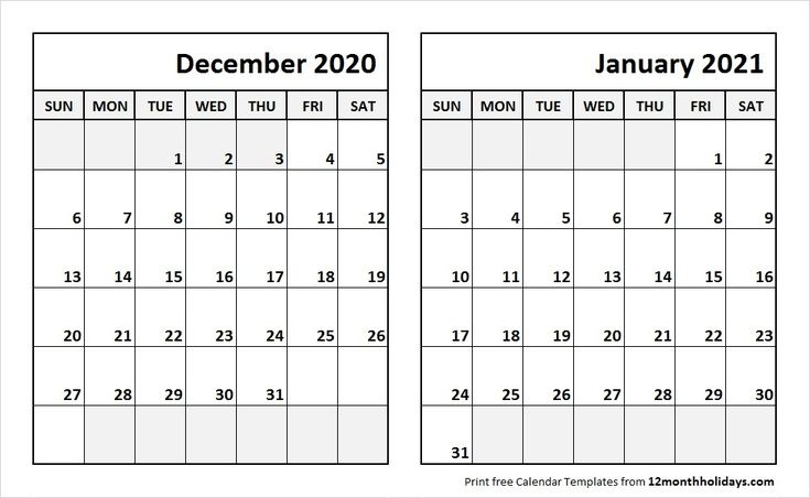 Print December 2020 January 2021 Calendar Template | 2 Month Calendar In 2020 | Calendar Printable Monthly Calendar December 2020 And January 2021