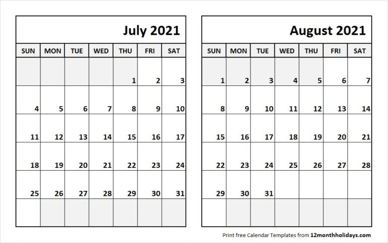Print July August 2021 Calendar Template | 2 Month Calendar August 2021 Calendar Events