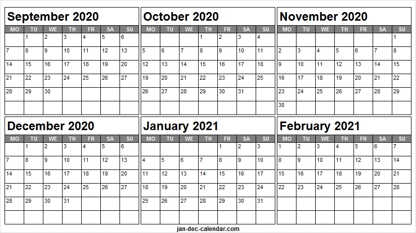 Print September 2020 To February 2021 Calendar - Monthly Calendar 2020 September To December 2021 Calendar