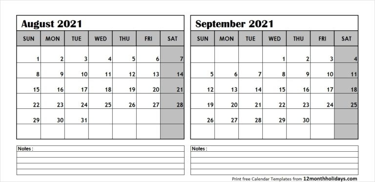 Printable Blank Two Month Calendar August September 2021 Template Calendar For August And September 2021