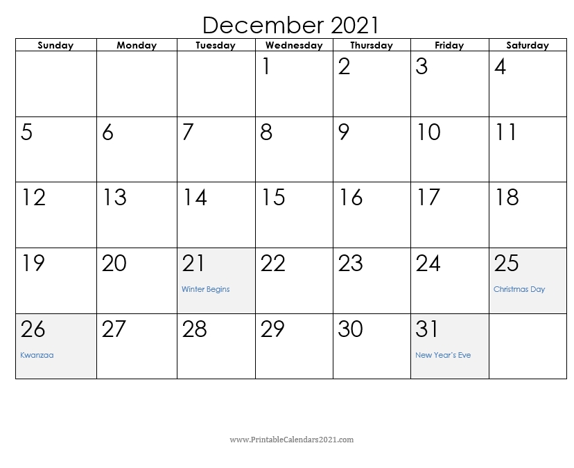 Printable Calendar 2021 With Holidays Yearly, Monthly, Doc, Pdf, Blank December 2021 Calendar With Holidays Printable