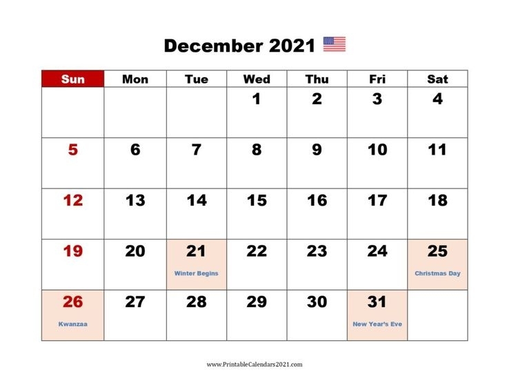 Printable Calendar December 2021, Printable 2021 Calendar With Holidays | 2021 Calendar With December 2021 Calendar With Holidays Printable