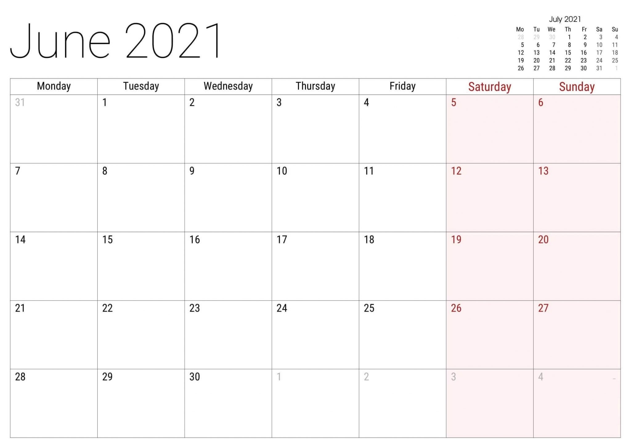 June 2021 Calendar Fillable Printable Blank Calendar Template