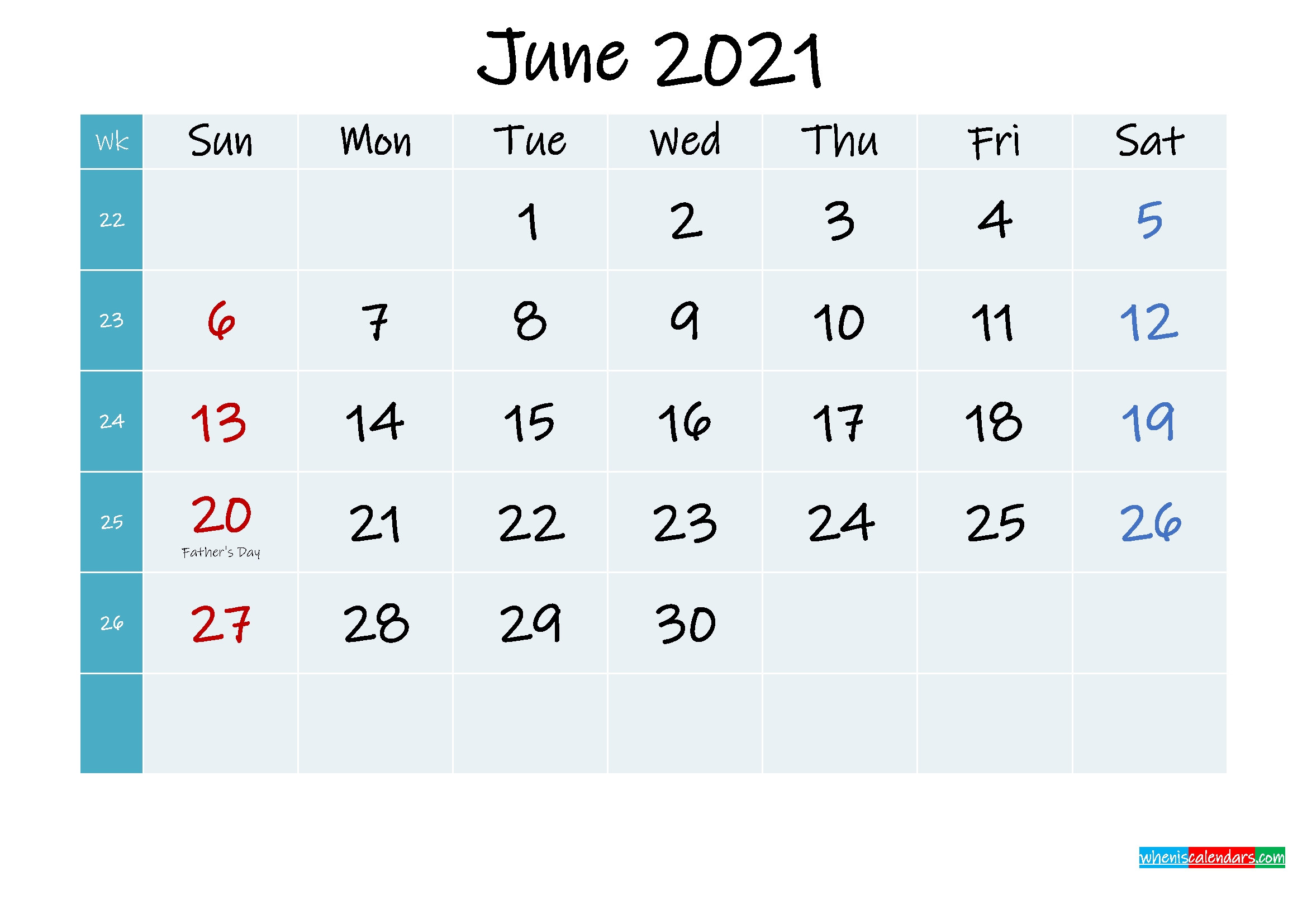 Printable Calendar June 2021 - Template No.ink21M318 | Free Printable 2020 Monthly Calendar With Www.wiki-Calendar.com June 2021