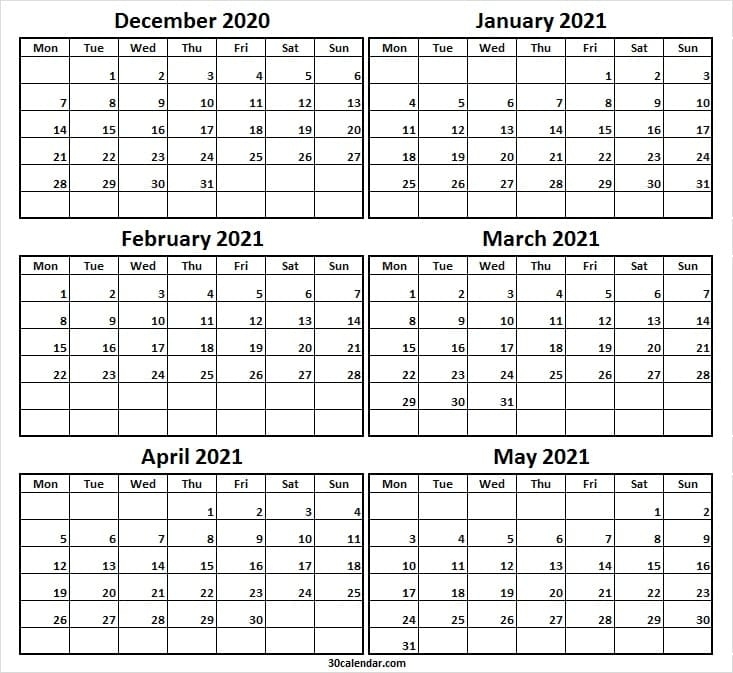 Printable December 2020 To May 2021 Calendar - Six Month Calendar Editable December 2021 Calendar