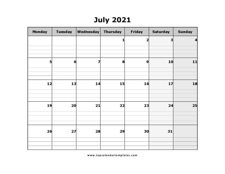 Printable July 2021 Calendar Template - Pdf, Word, Excel July 2021 Calendar Template