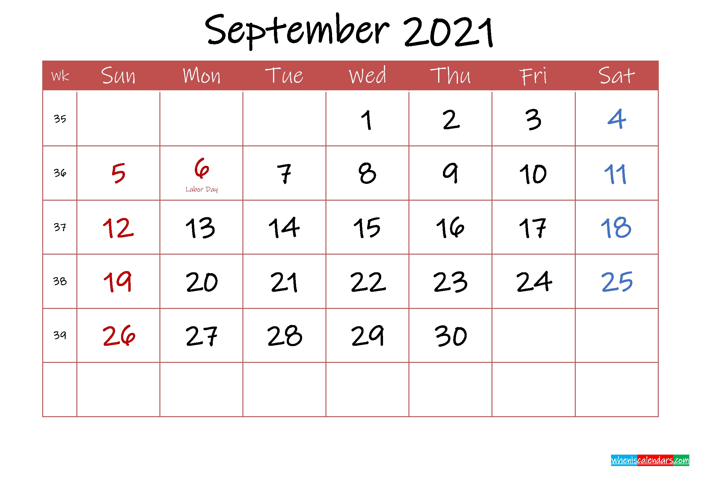 Printable September 2021 Calendar With Holidays - Template Ink21M33 - Free Printable 2021 2021 Calendar September Month