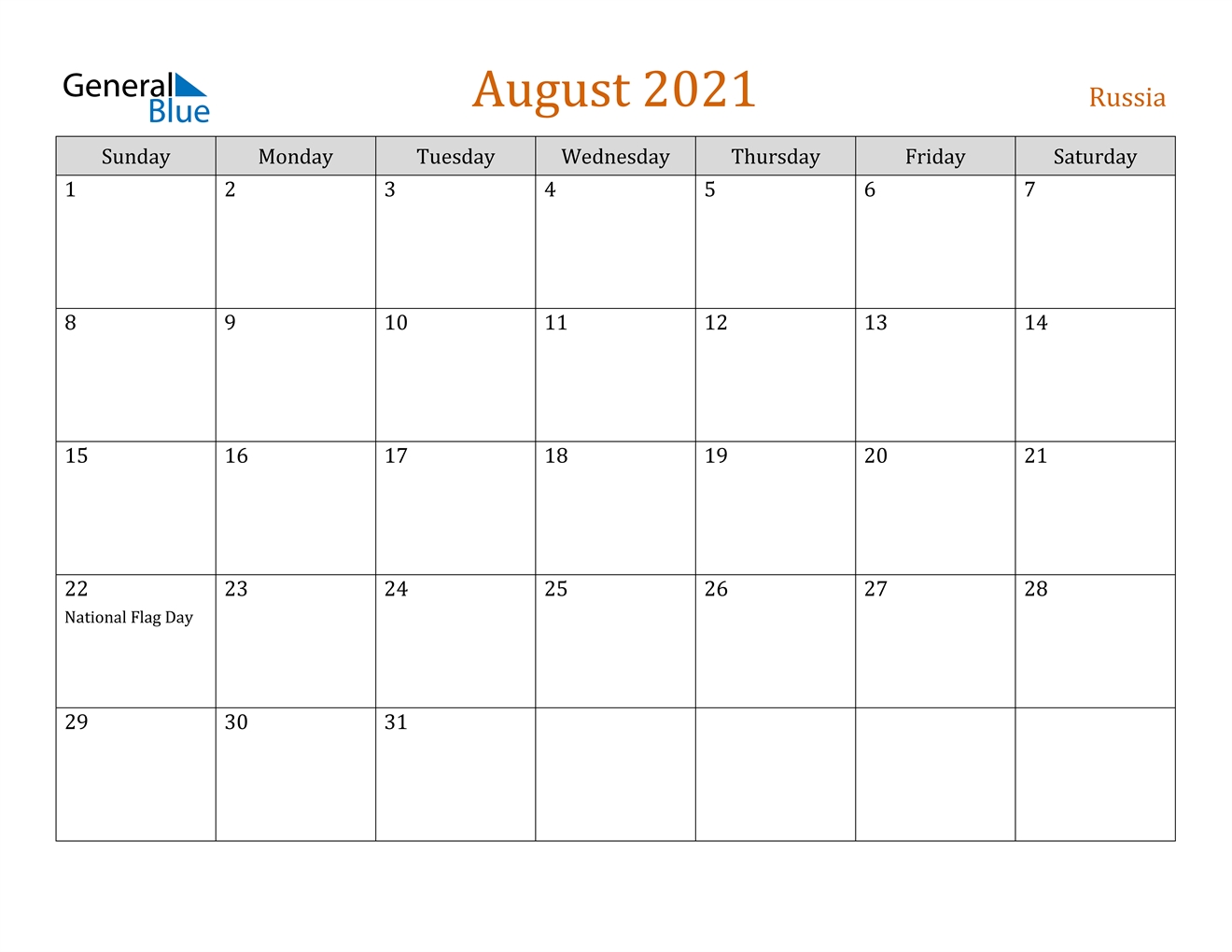 Russia August 2021 Calendar With Holidays August 2021 Calendar Month