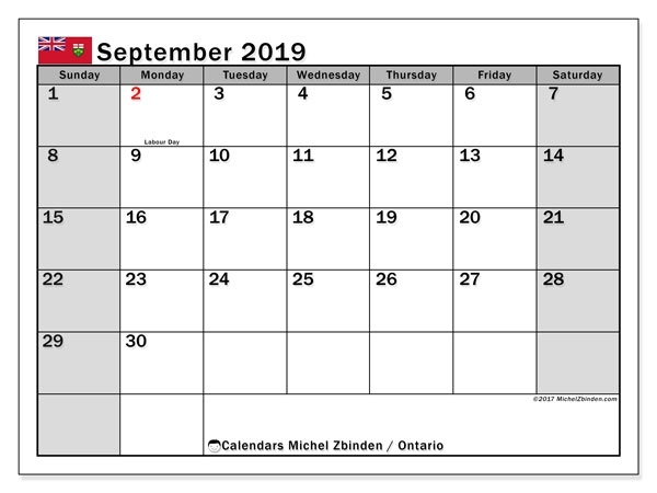 September 2019 Calendar, Ontario (Canada) - Michel Zbinden En Canada September 2021 Calendar