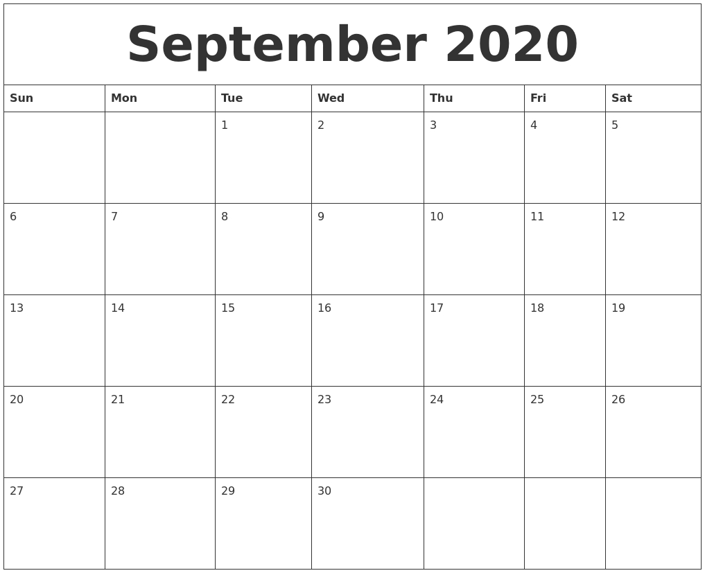 September 2020 Calendar October 2020 Through September 2021 Calendar