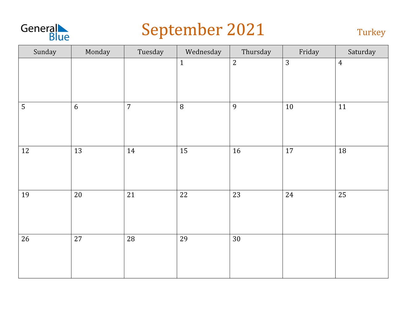 September 2021 Calendar - Turkey 2021 Calendar September Month