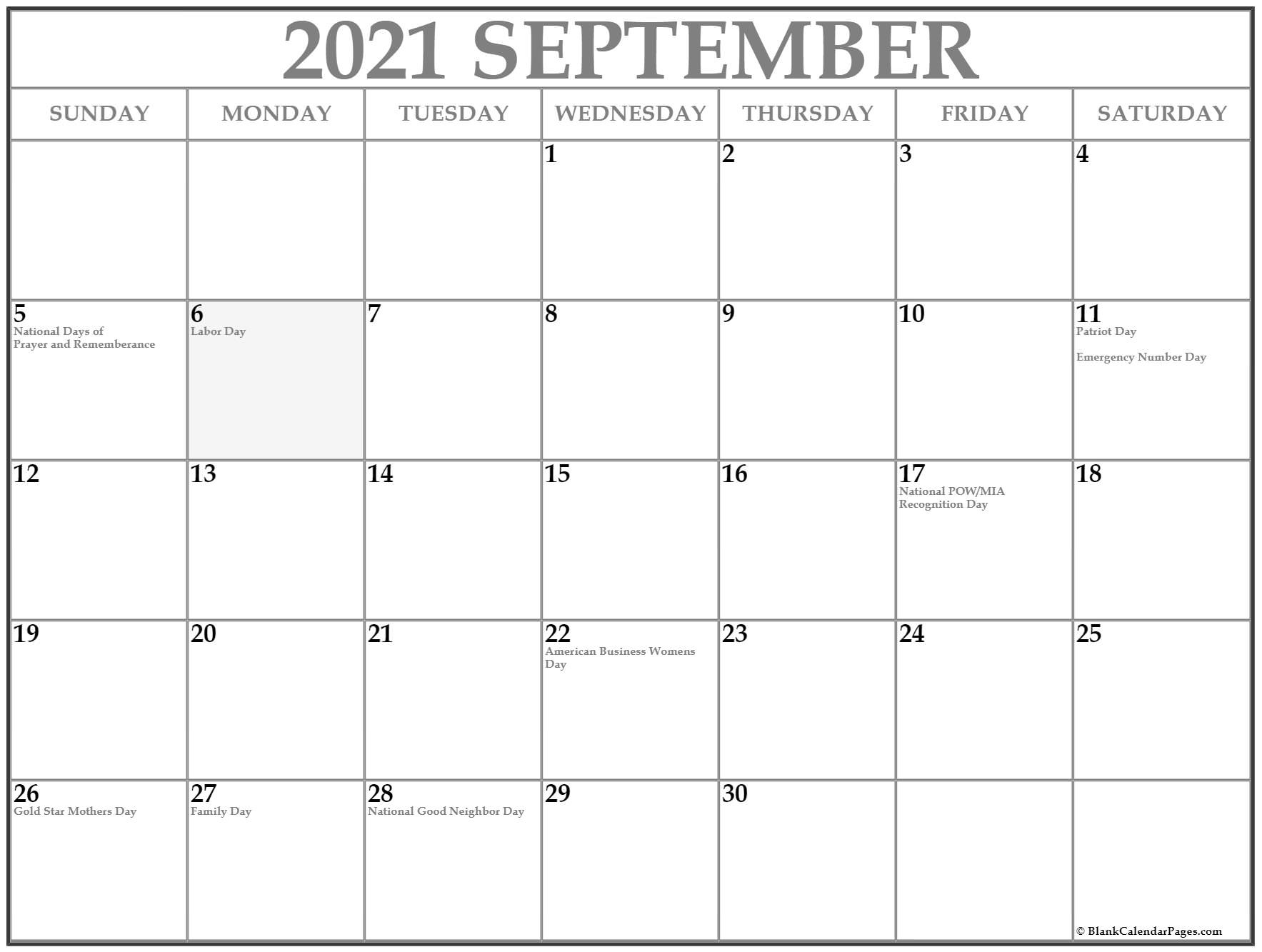 September 2021 With Holidays Calendar Sept 2020 To July 2021 Calendar