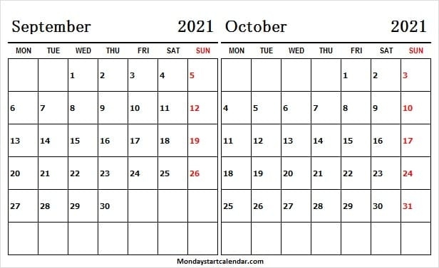 September October 2021 Calendar Mon Fri - Sep 2021 Calendar Excel 2021 September October Calendar