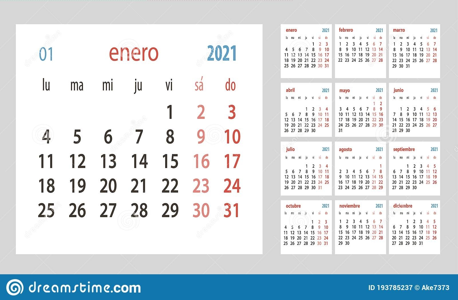 Spanish Calendar 2021 Vector Template .Week Starts Monday. Stationery Calender Concept Stock Spanish Calendar December 2021