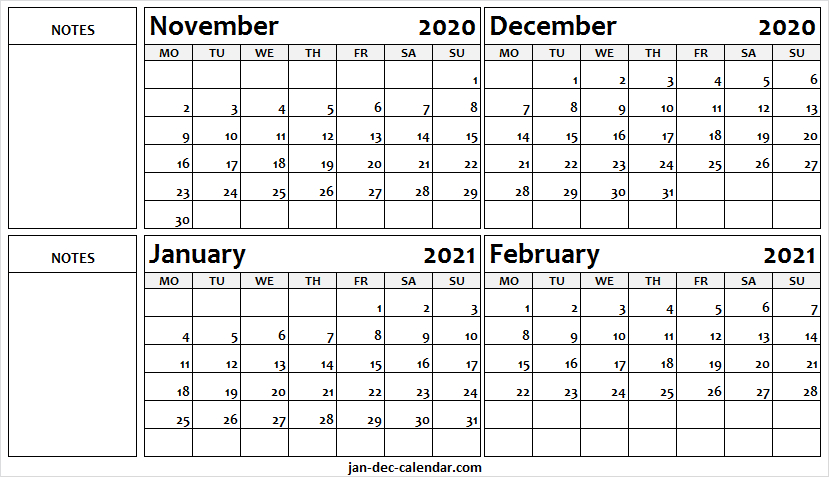 2020 November To 2021 February Calendar A4 - Blank Calendar For December 2020 And January 2021