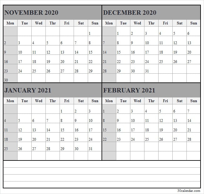 2020 November To 2021 February Printable Calendar - Pinterest November 2020 Through February 2021 Calendar