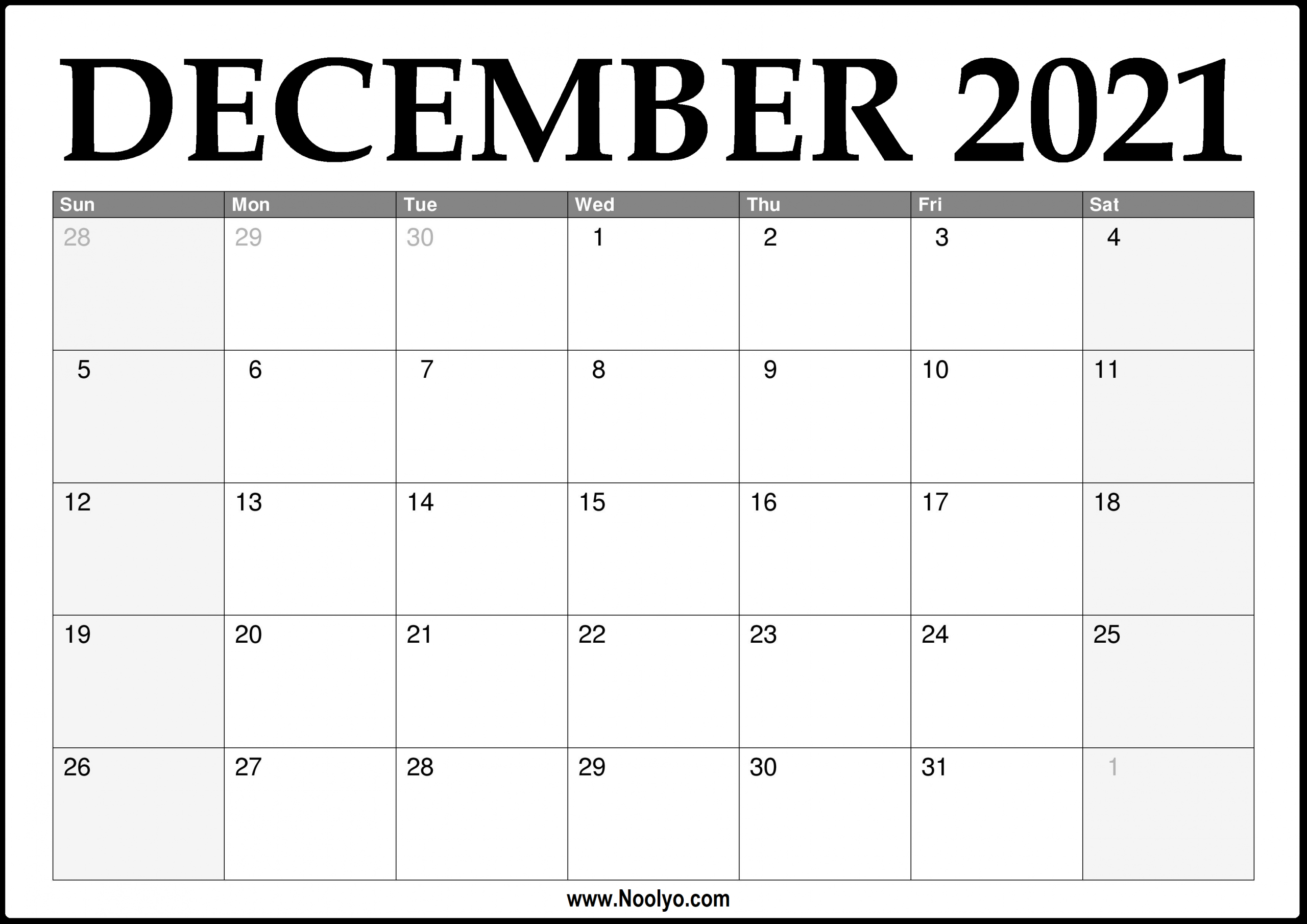 2021 December Calendar Printable - Download Free - Noolyo December 2021 Calendar Printable Free