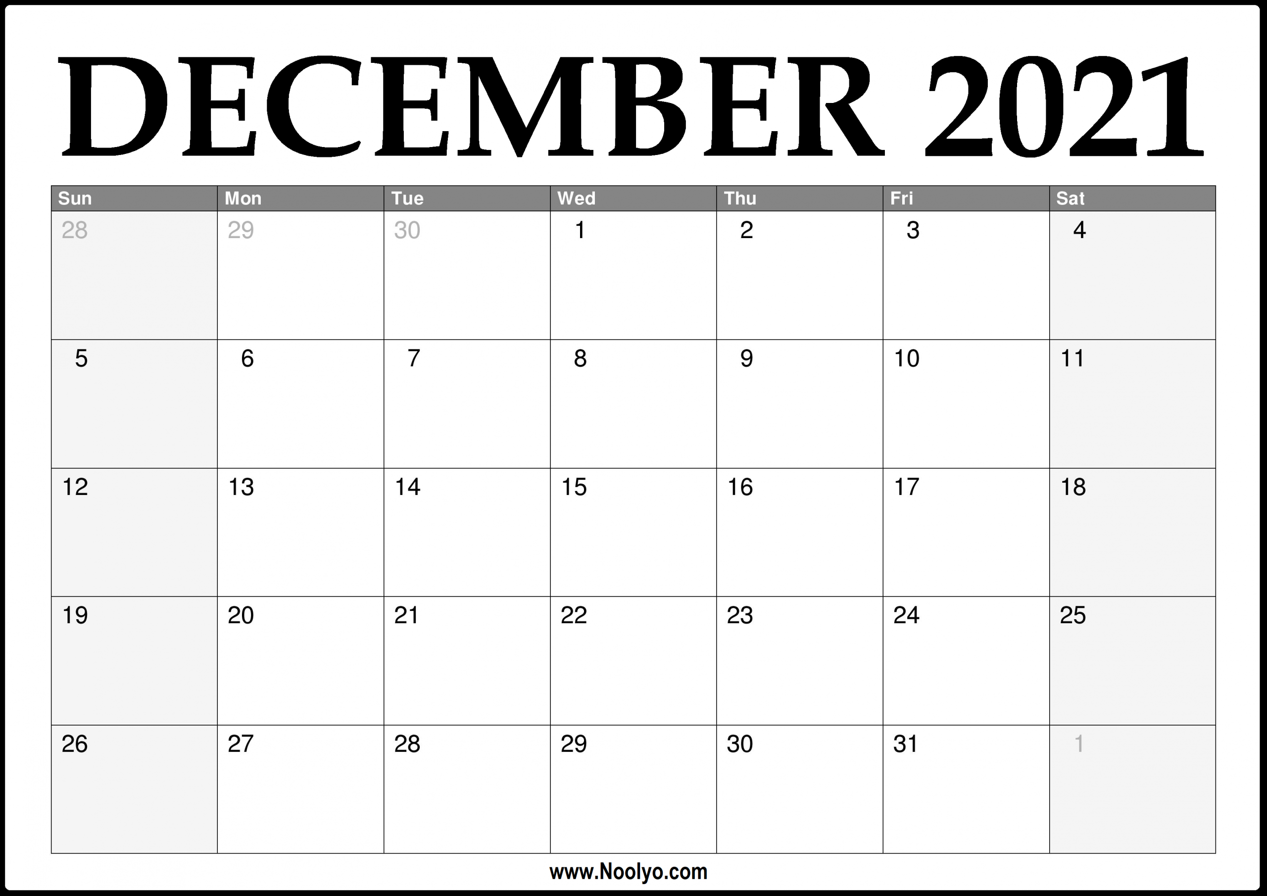 2021 December Calendar Printable - Download Free - Noolyo Printable December 2021 Calendar