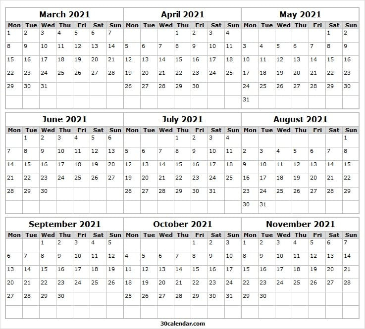 2021 March To November Calendar - 2021 Printable Calendars Calendar From November 2020 To March 2021