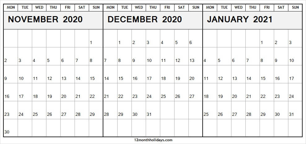 3 Month Calendar November December 2020 January 2021 | To December 2020 And January 2021 Calendar With Holidays