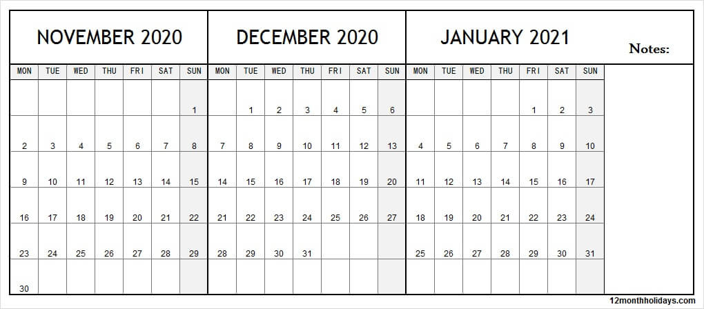 3 Month Calendar November December 2020 January 2021 | To November 2020 Through January 2021 Calendar