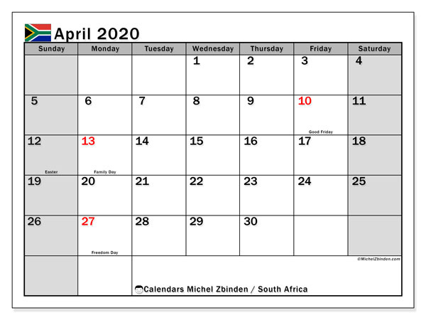 April 2020 Calendar, South Africa - Michel Zbinden En December 2021 Calendar South Africa