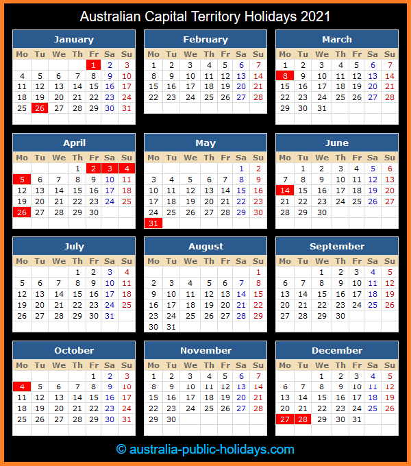 Australian Capital Territory Holidays 2021 December 2021 Calendar Australia
