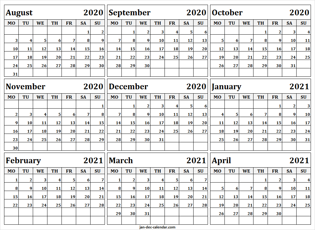 Blank Calendar August 2020 To April 2021 - Editable December 2020 Calendar January 2021 Calendar
