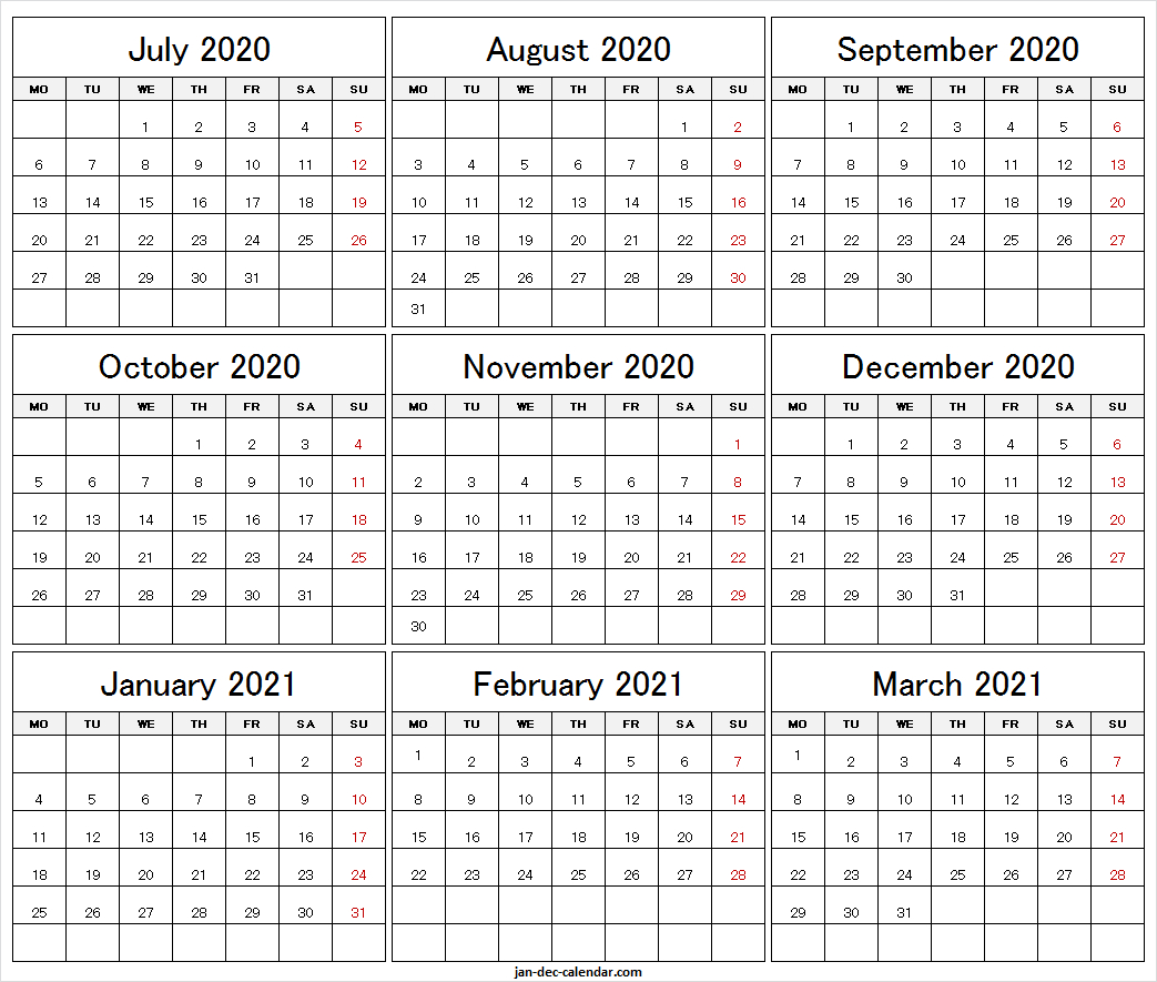 Blank Calendar July 2020 To March 2021 | Monthly Calendar Calendar November 2020 To March 2021