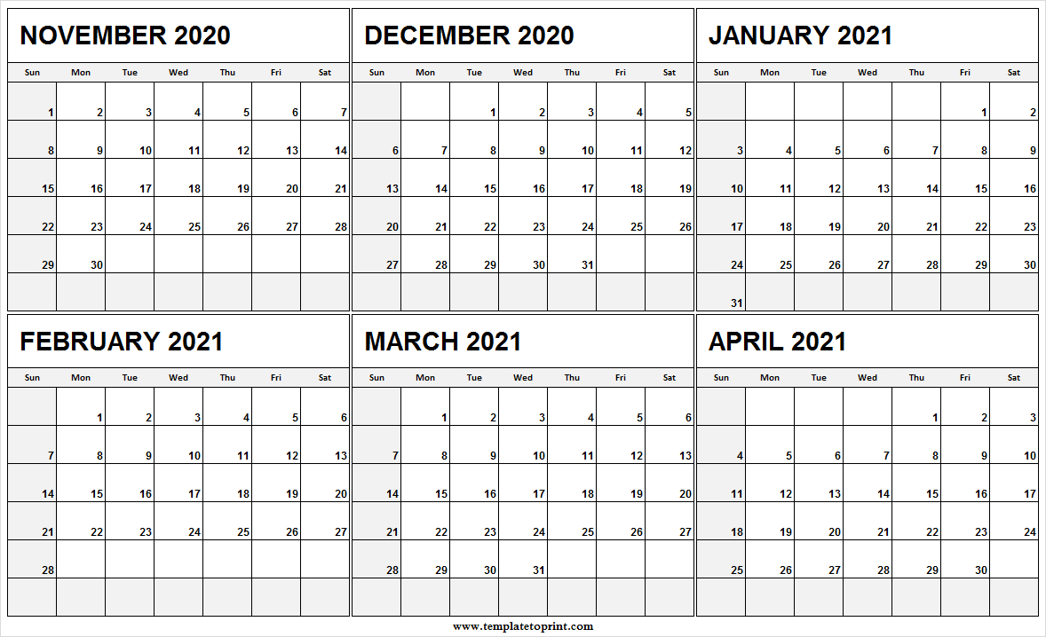 Blank Calendar November 2020 To April 2021 - Six Month November 2020 - April 2021 Calendar