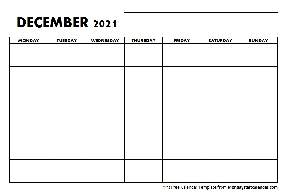 Blank December 2021 Calendar Monday Start Template To Print December 2021 Calendar Monday Start