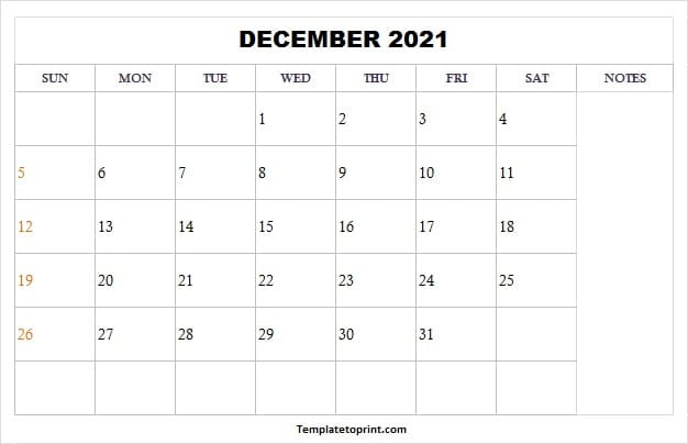 Blank December 2021 Calendar Template - 2021 Printable Blank December 2021 Calendar